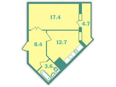 Однокомнатная квартира 44.2 м²